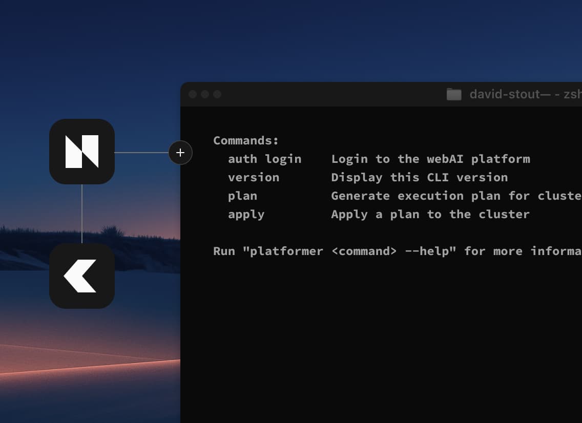Terminal window showcasing CLI commands for a webAI platform, including "auth login," "version," "plan," and "apply," with morning sky background.