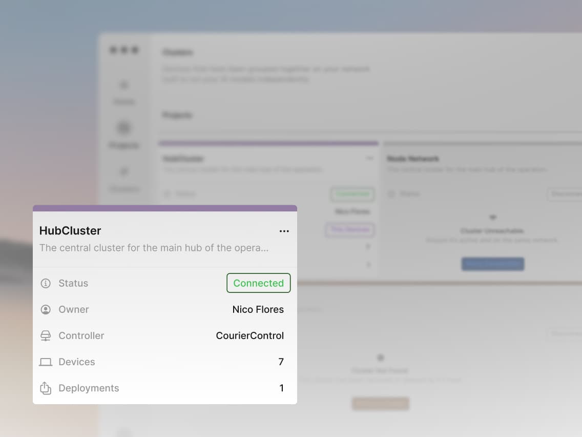 A software interface shows "HubCluster" with status "Connected" in green. Details include owner, controller, 7 devices, and 1 deployment.