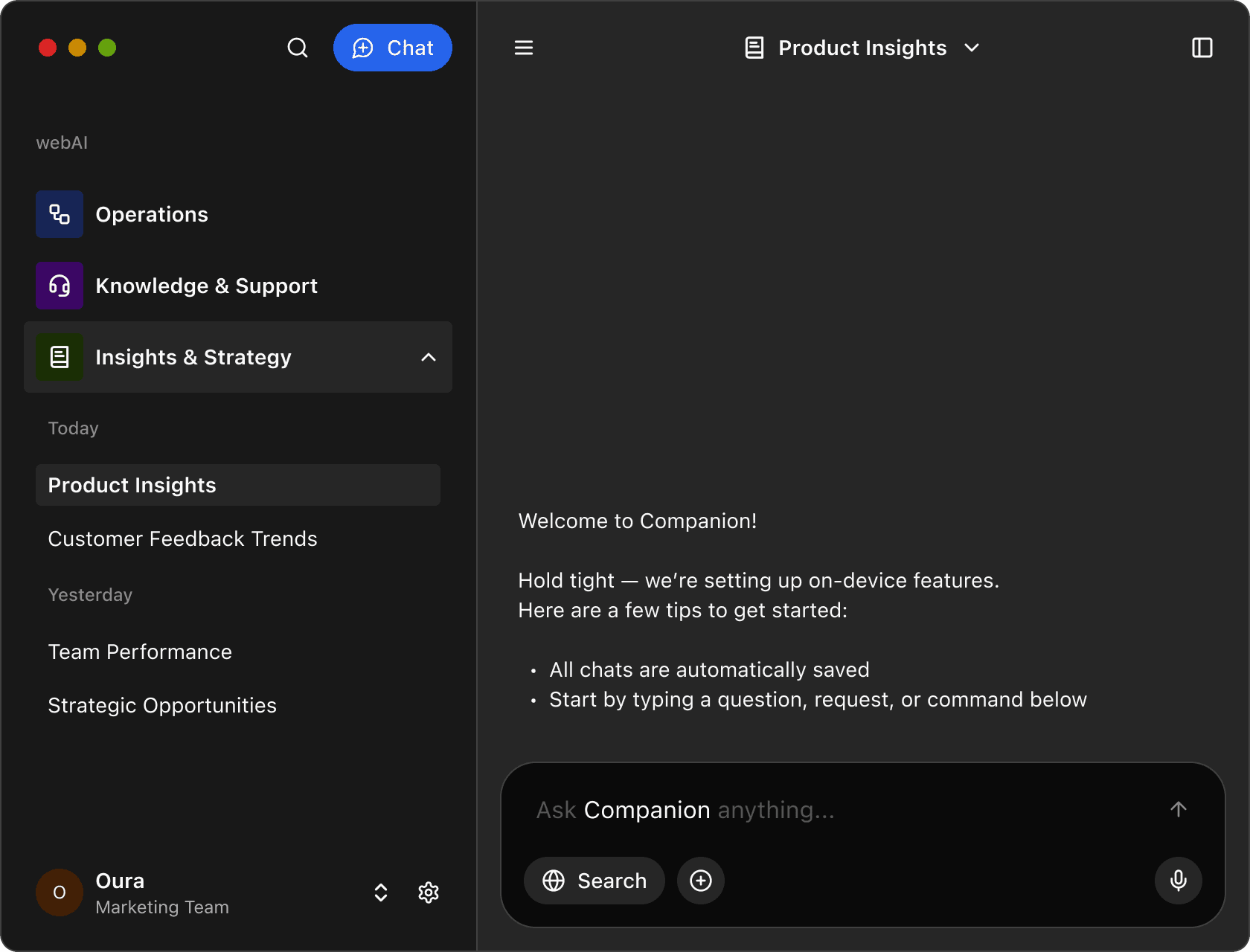 Interface of a chat application. Left panel shows menu with sections: Operations, Knowledge & Support, Insights & Strategy. Right panel displays welcome message.