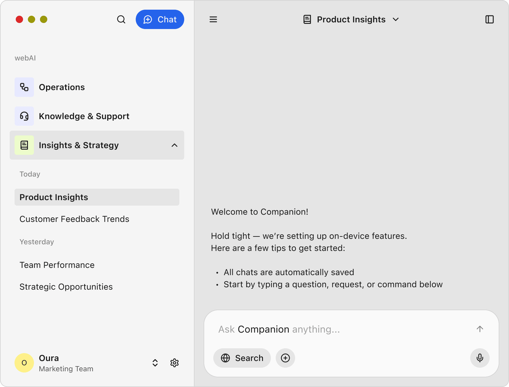 Interface of a chat application. Left panel shows menu with sections: Operations, Knowledge & Support, Insights & Strategy. Right panel displays welcome message.