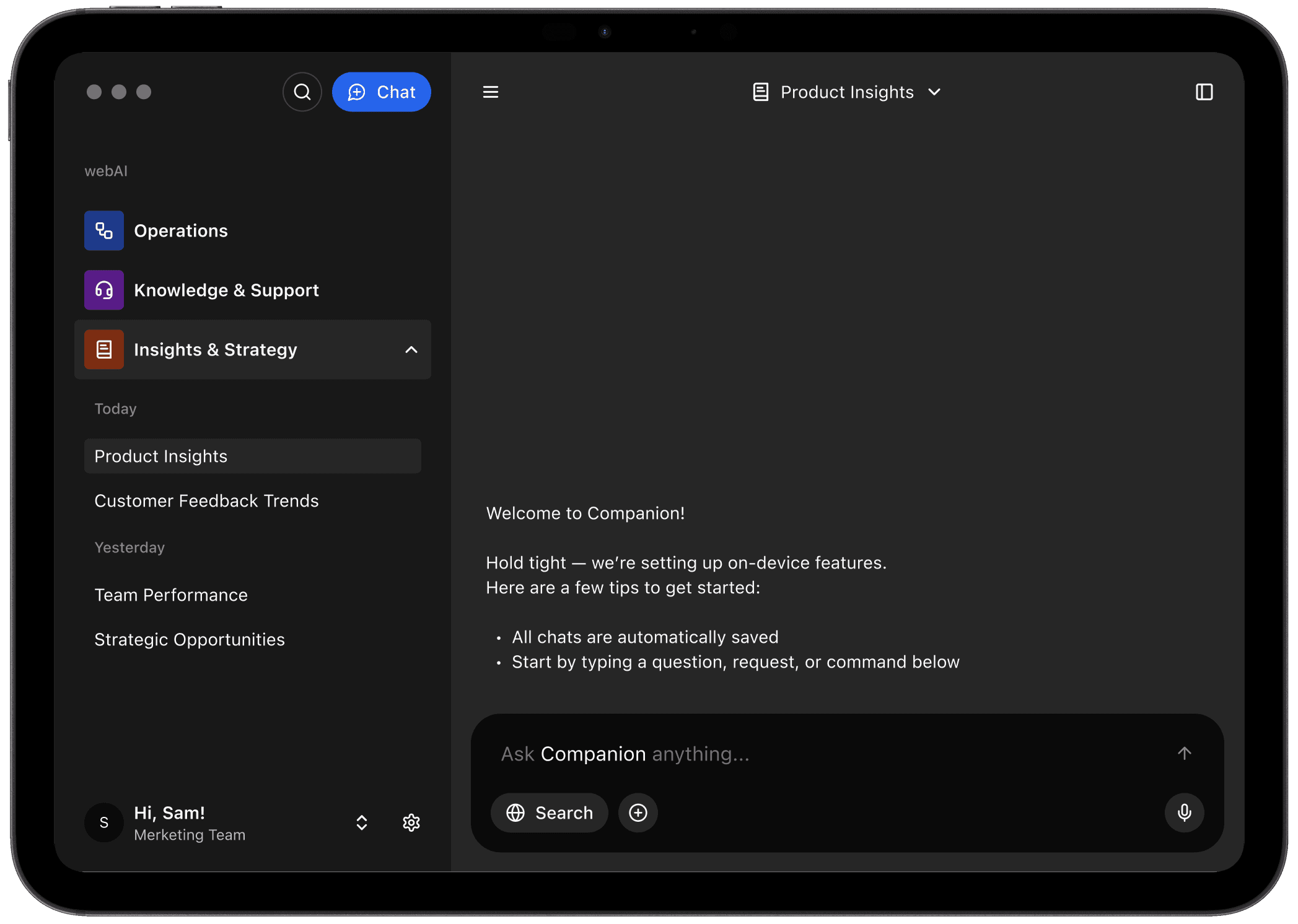 A tablet screen displays a chat interface labeled "Companion." It features sidebar menu items like "Insights & Strategy" and a welcome message.