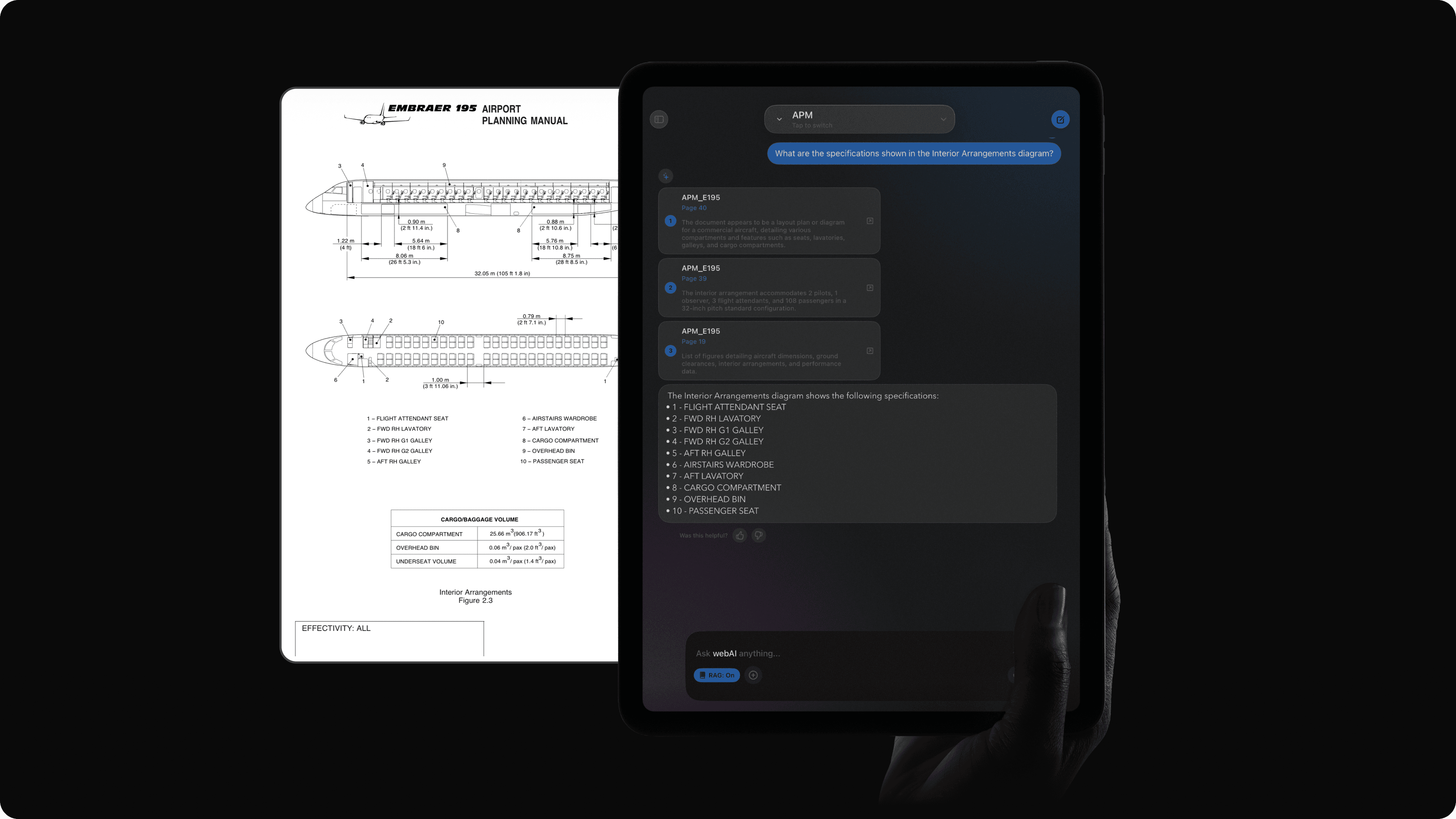 webAI Frontline on an iPad answering questions from an aircraft manual