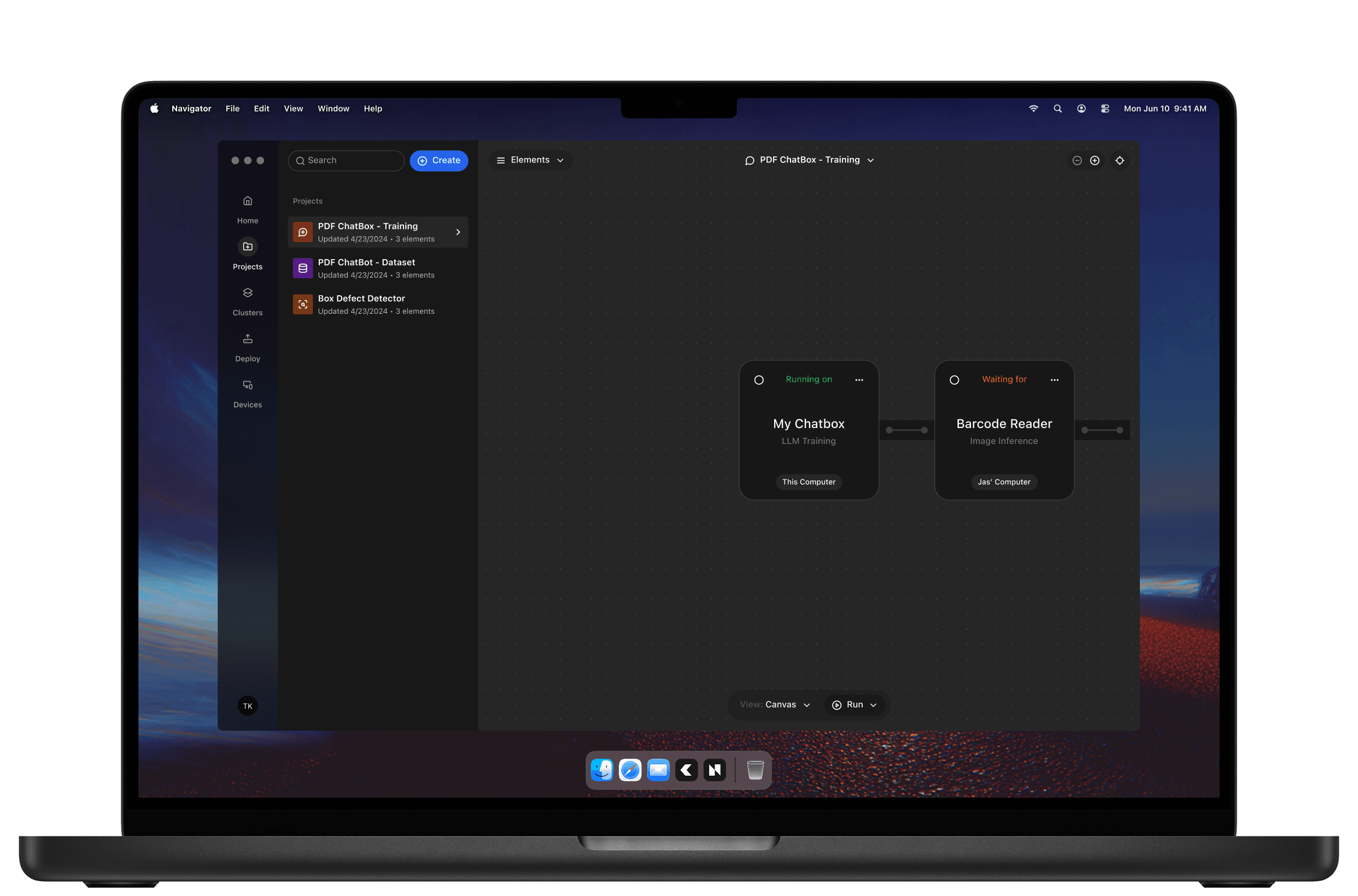 A laptop screen displays user interface for a chatbot application with workflow nodes labeled "My Chatbox" and "Barcode Reader."