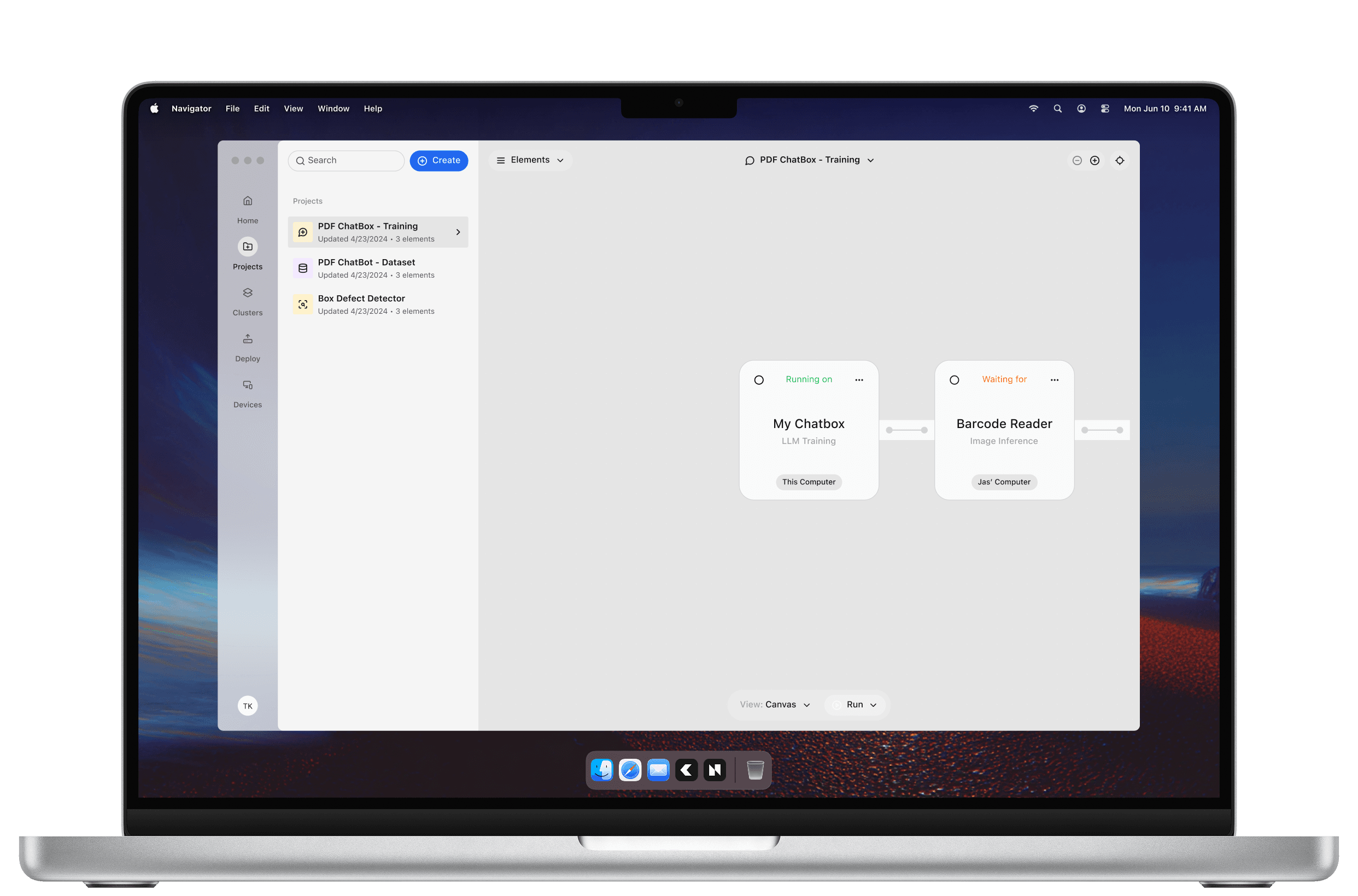 A laptop screen displays user interface for a chatbot application with workflow nodes labeled "My Chatbox" and "Barcode Reader."