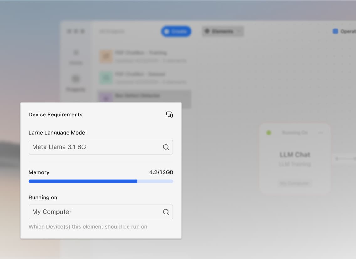 Popover window showing device requirements for "Meta Llama 3.1 8G" with memory usage at 4.2/32GB, set to run on "My Computer." Background is blurred.